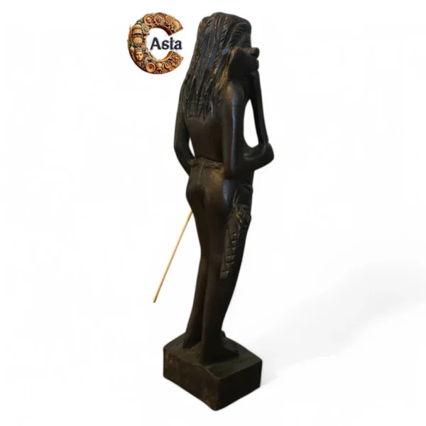Left side view of a handcrafted wooden statue depicting a tribal hunter holding an axe and stick – Crafts Asia artisan decor