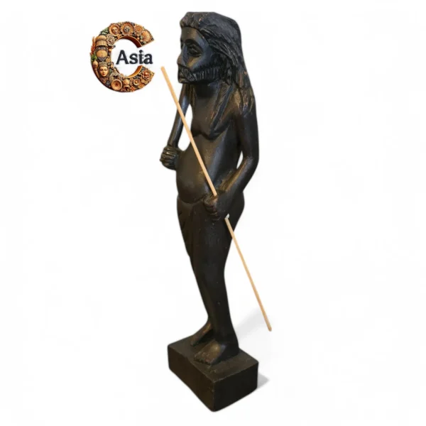 Front angle of handcrafted wooden statue of tribal hunter with axe and stick – Crafts Asia