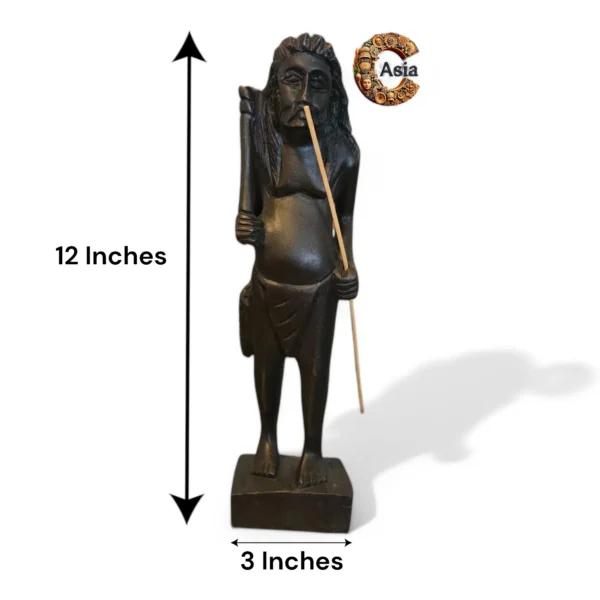 Front view of a handcrafted wooden statue of a tribal hunter with axe and stick – Crafts Asia artisan decor