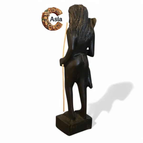 Rear view of handcrafted wooden statue – tribal hunter with axe, artisan decor by Crafts Asia