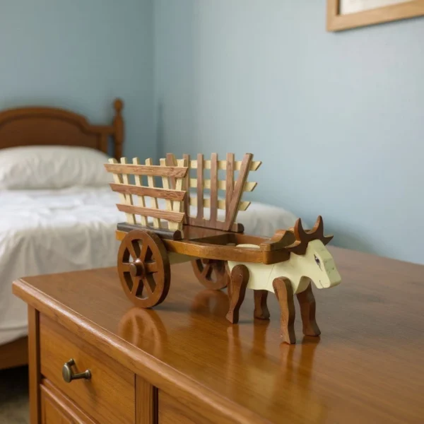 Elegant Vintage Handcrafted Wooden Cow Cart Figurine | Unique Rustic Farmhouse Décor by Crafts Asia - Image 5