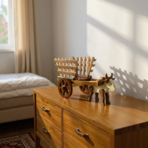 Elegant Vintage Handcrafted Wooden Cow Cart Figurine | Unique Rustic Farmhouse Décor by Crafts Asia - Image 4
