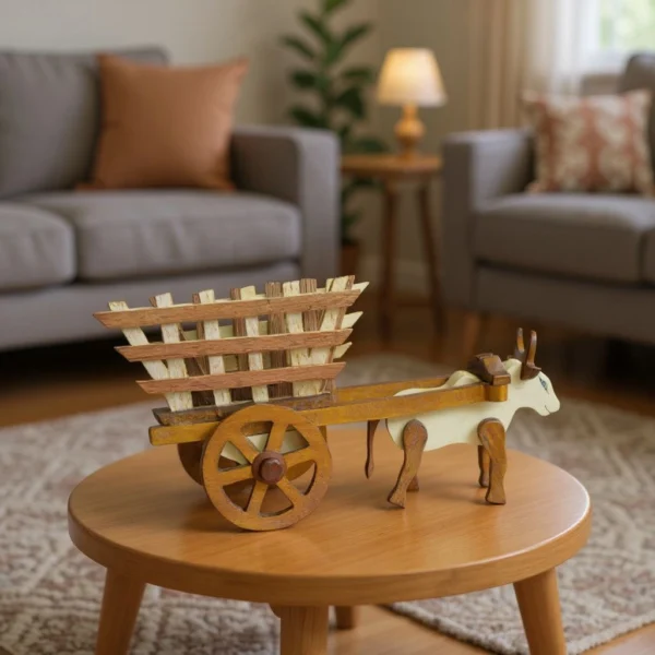 Elegant Vintage Handcrafted Wooden Cow Cart Figurine | Unique Rustic Farmhouse Décor by Crafts Asia - Image 3