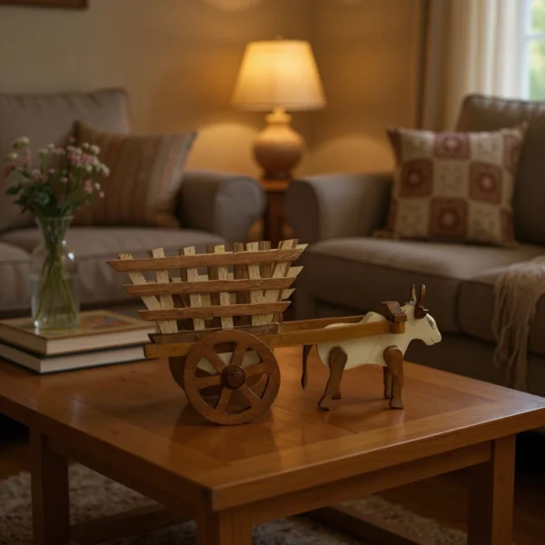 Elegant Vintage Handcrafted Wooden Cow Cart Figurine | Unique Rustic Farmhouse Décor by Crafts Asia - Image 2