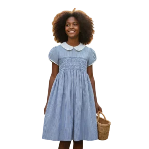 Handcrafted blue smocked cotton dress with Peter Pan collar – Crafts Asia