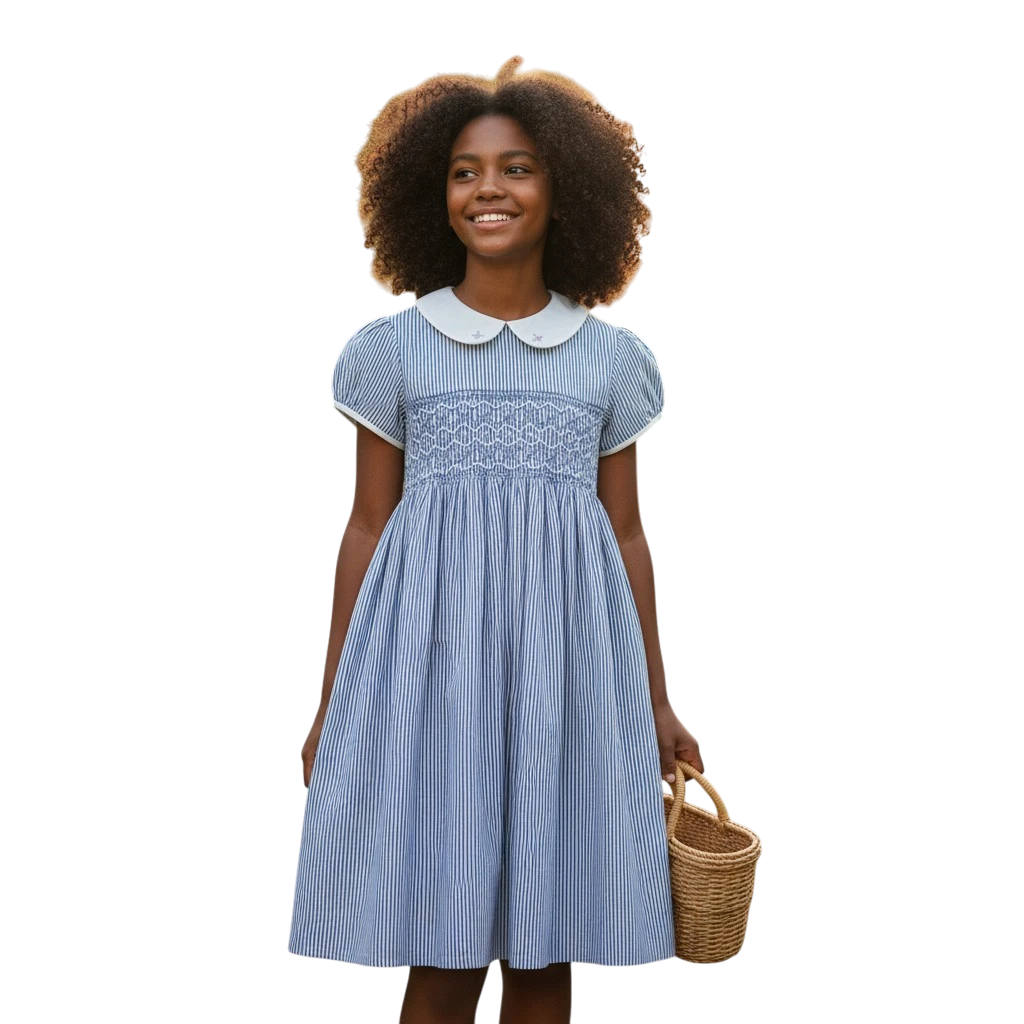 Handcrafted blue smocked cotton dress with Peter Pan collar – Crafts Asia