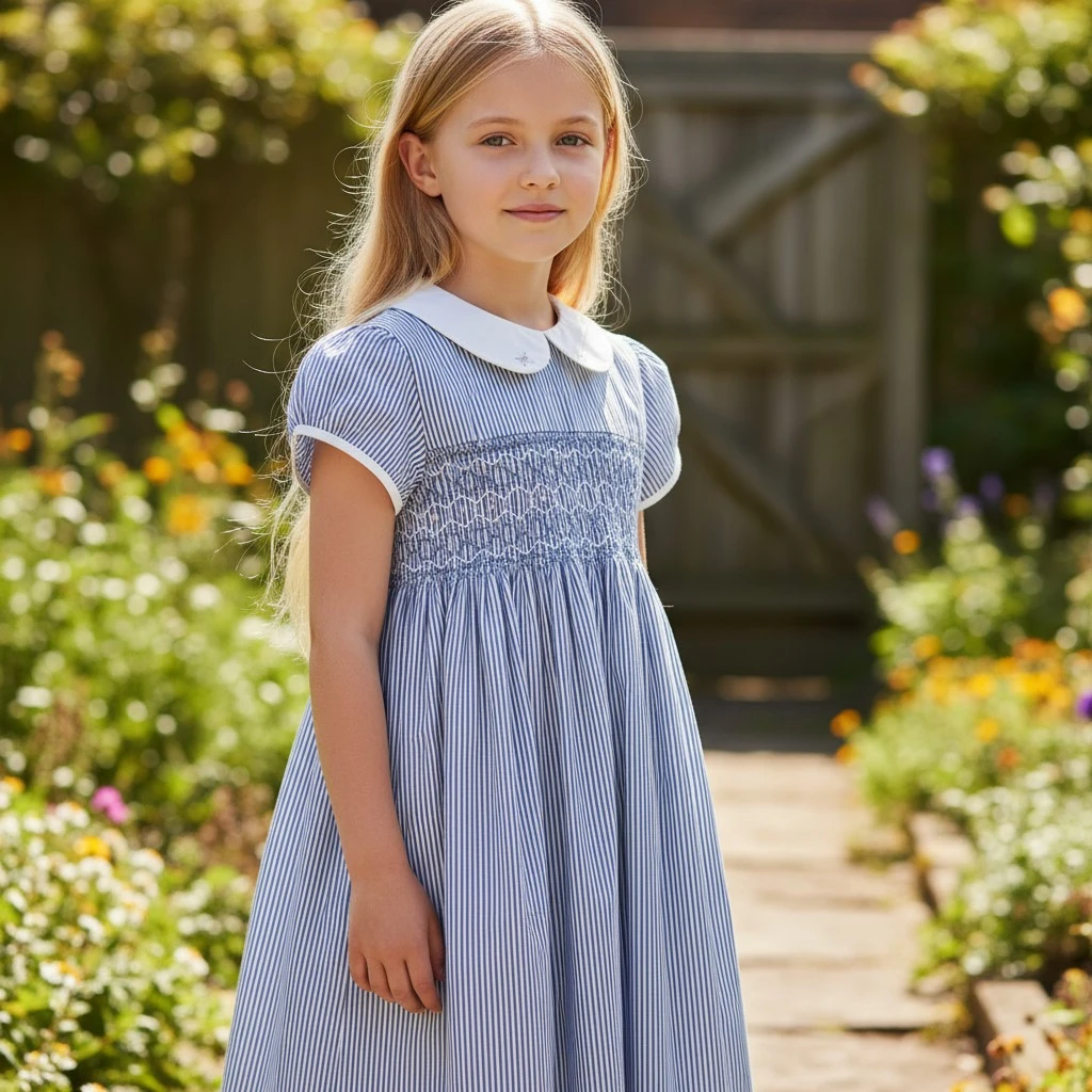 Girl standing in a garden wearing handcrafted blue smocked cotton dress – Crafts Asia