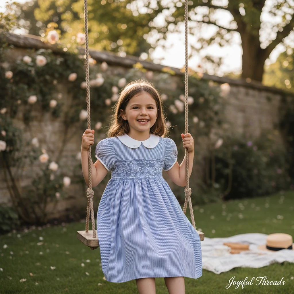 Girl swinging outdoors wearing handcrafted blue smocked cotton dress – Crafts Asia