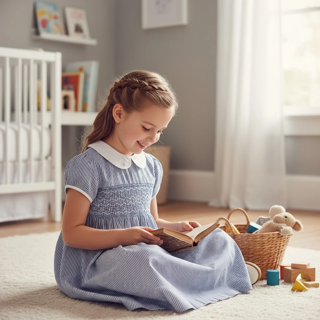 Girl reading a book while wearing handcrafted blue smocked cotton dress – Crafts Asia