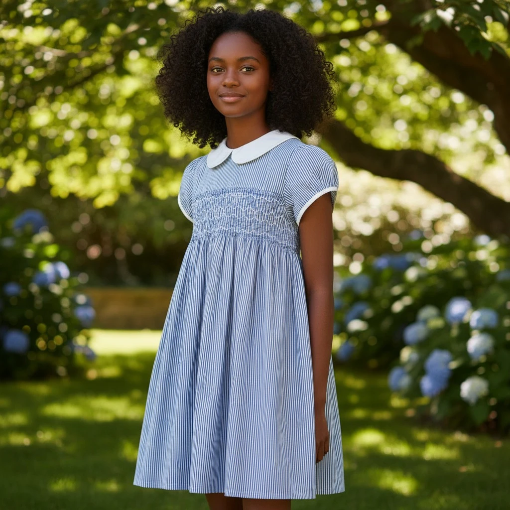 Girl wearing handcrafted blue smocked cotton dress outdoors – Crafts Asia