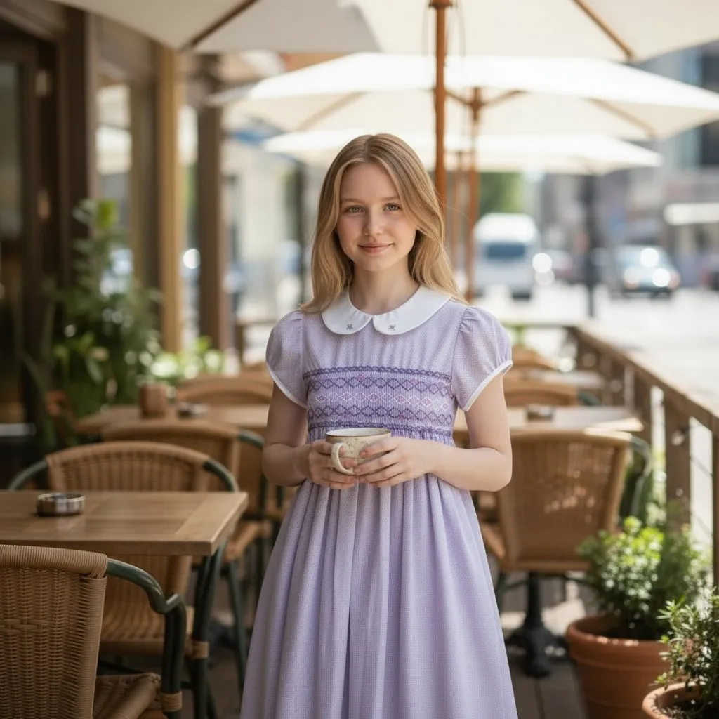 Girl wearing handcrafted lavender smocked cotton dress – elegant handmade outfit by Crafts Asia