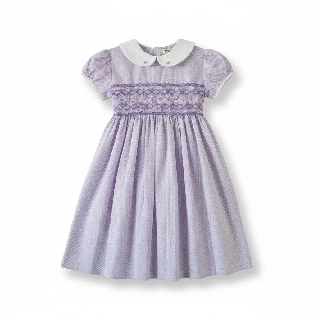 Handcrafted lavender smocked cotton dress flat lay – elegant handmade outfit for girls