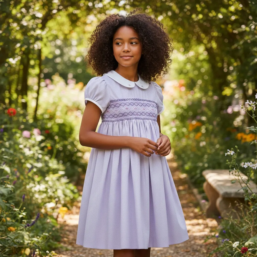 Girl wearing handcrafted lavender smocked cotton dress in garden – handmade outfit by Crafts Asia