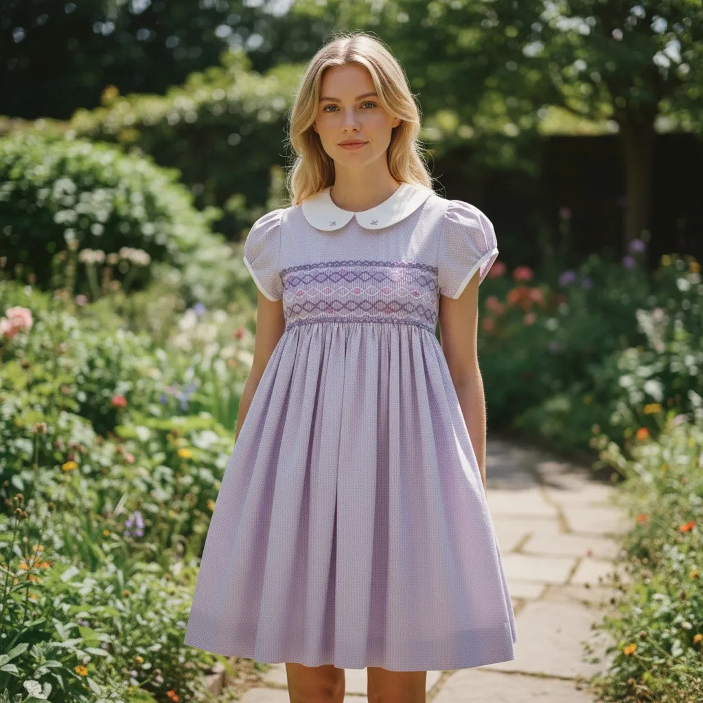 Handcrafted lavender smocked cotton dress worn outdoors – elegant handmade outfit for girls by Crafts Asia