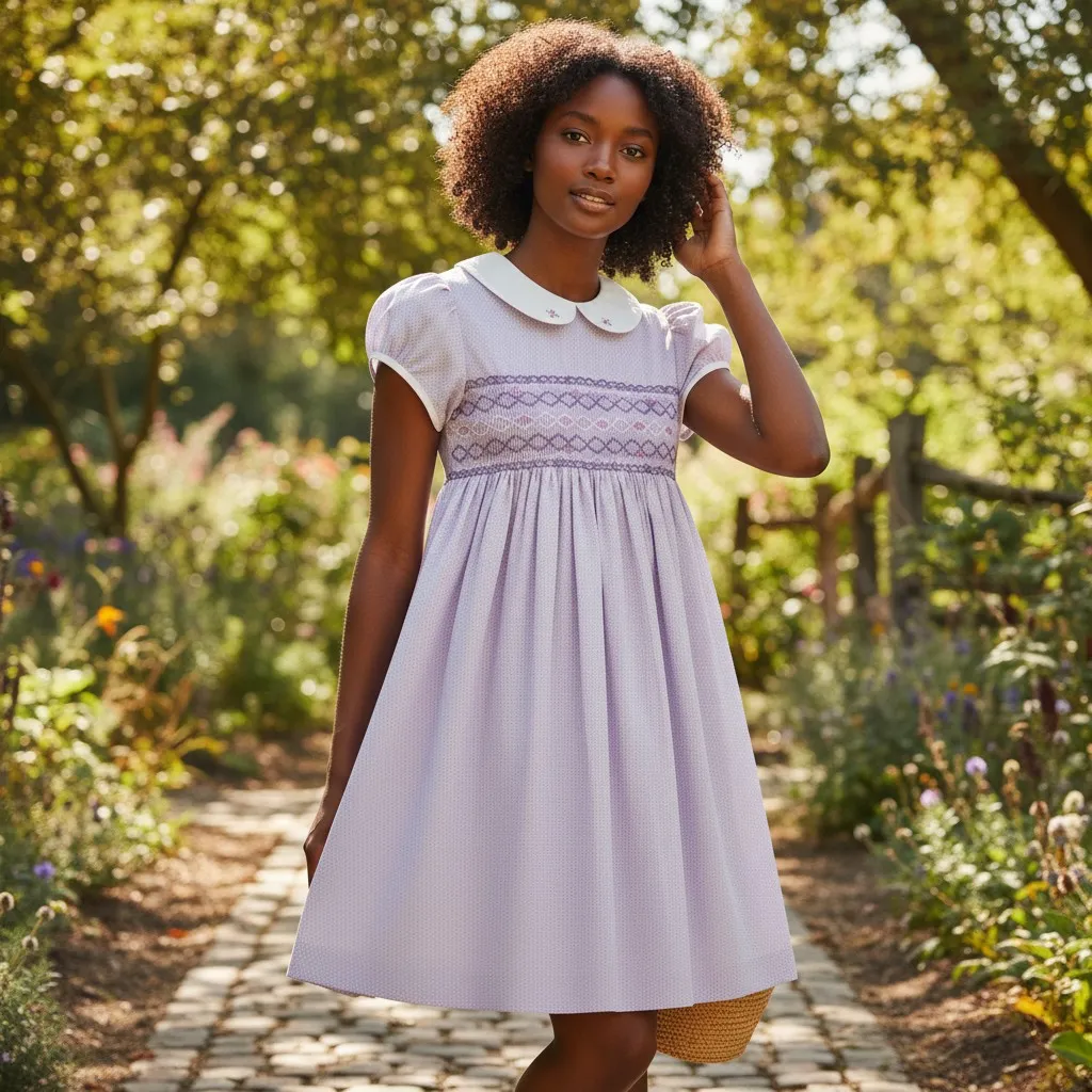 Handcrafted lavender smocked cotton dress – handmade artisan outfit for girls by Crafts Asia