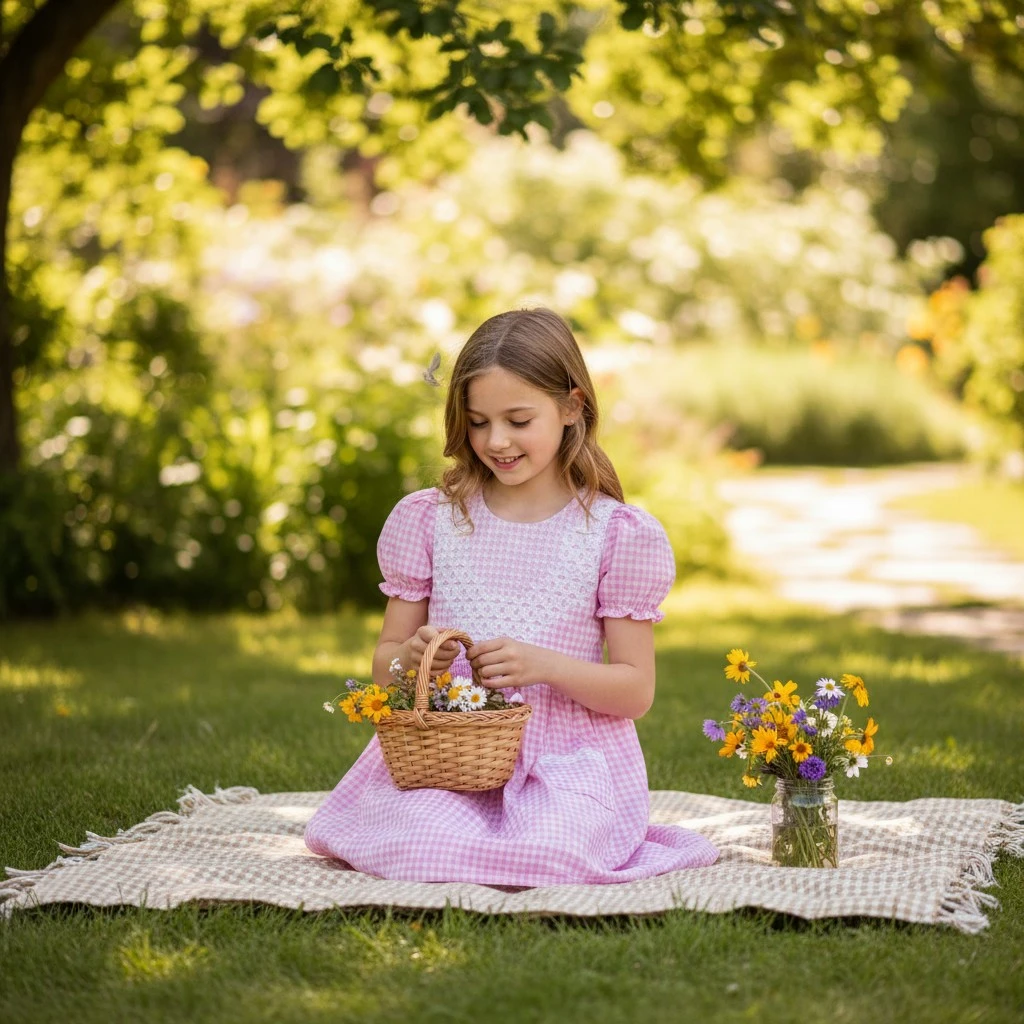 Girl wearing a handmade pink gingham smocked dress sitting on a mat and holding a basket of flowers in a garden – Crafts Asia