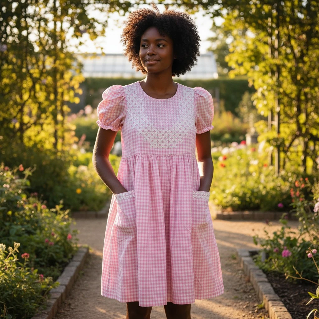 Woman wearing a handmade pink gingham smocked dress walking in a sunlit garden – Crafts Asia
