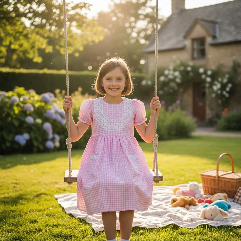 Girl wearing a handmade pink gingham smocked dress on a garden swing during sunset – Crafts Asia