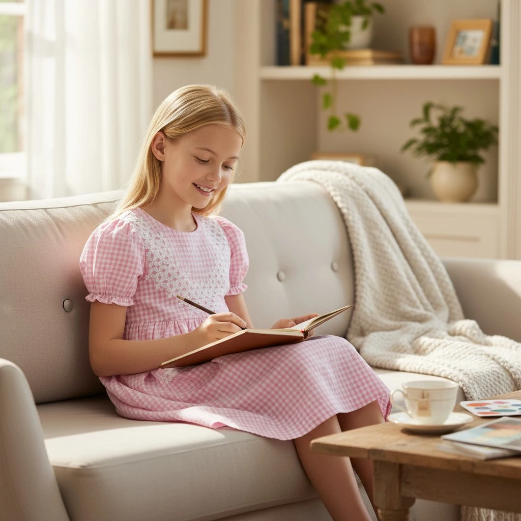 Girl wearing a handmade pink gingham smocked dress sitting on a couch and writing in a notebook – Crafts Asia