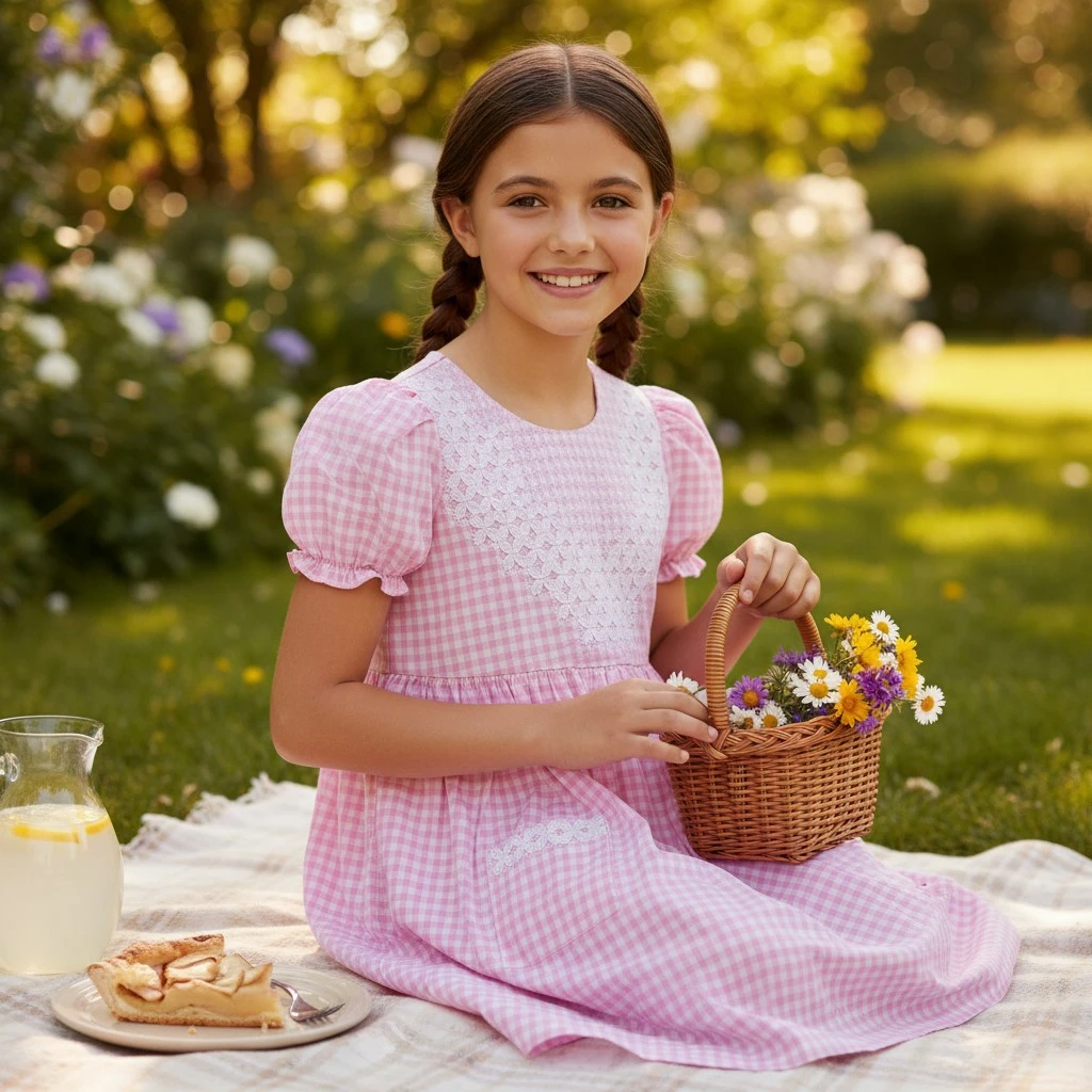 Girl wearing a handmade pink gingham smocked dress sitting on a picnic blanket with flowers and lemonade – Crafts Asia