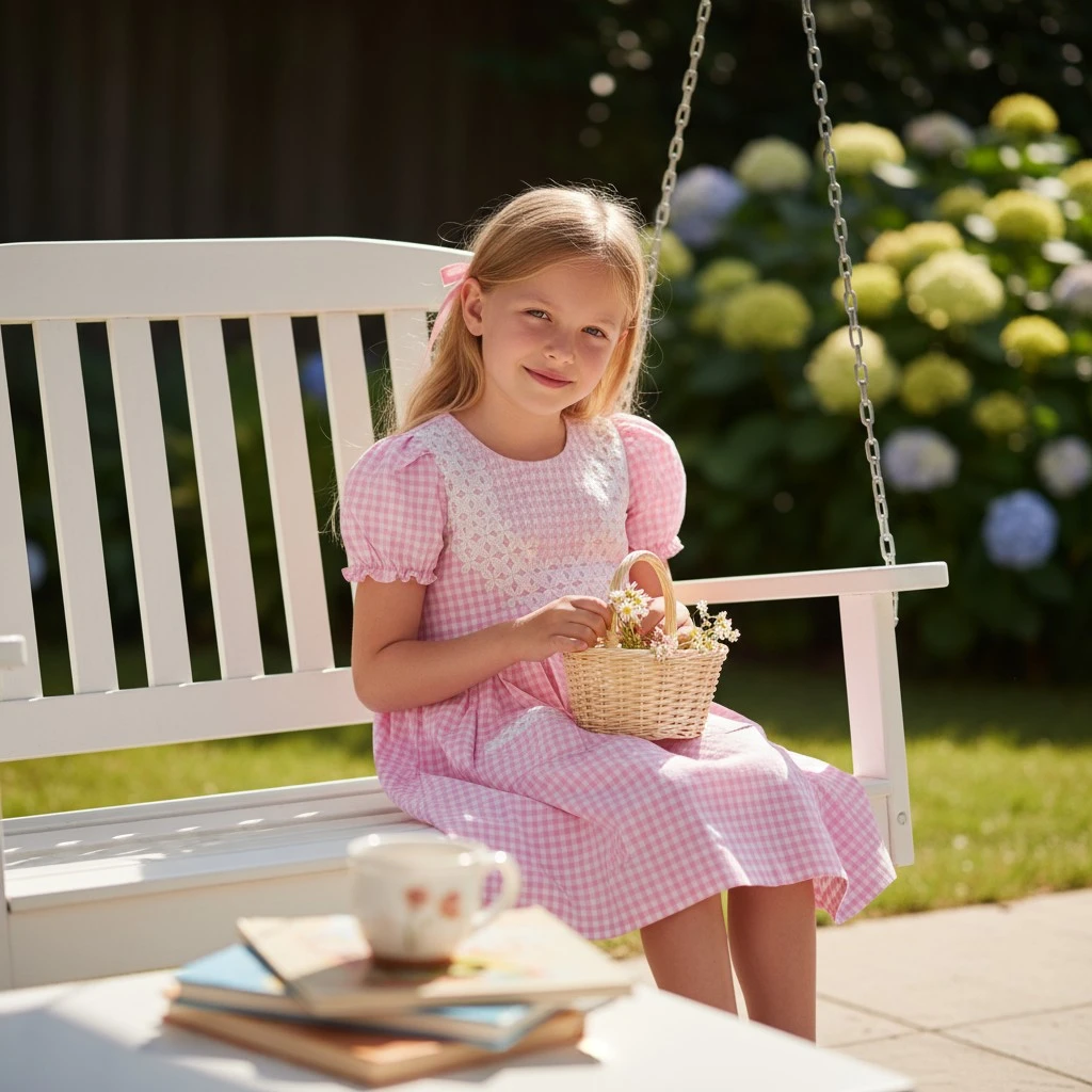 Girl wearing a handmade pink gingham smocked dress sitting on a white swing holding a basket of flowers – Crafts Asia