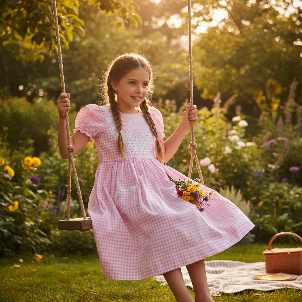 Girl wearing a handmade pink gingham smocked dress swinging outdoors with flowers and a picnic basket – Crafts Asia