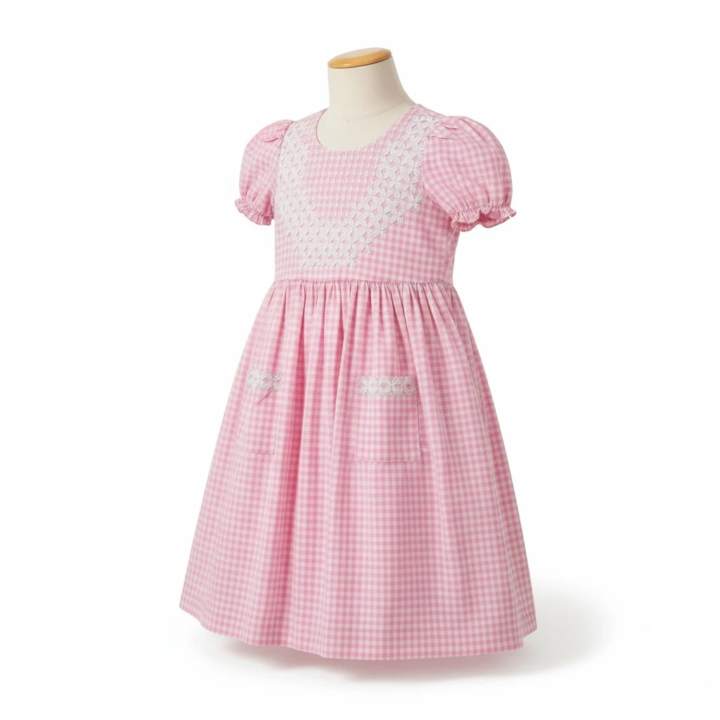 Lovely handmade pink gingham smocked dress on mannequin – Crafts Asia