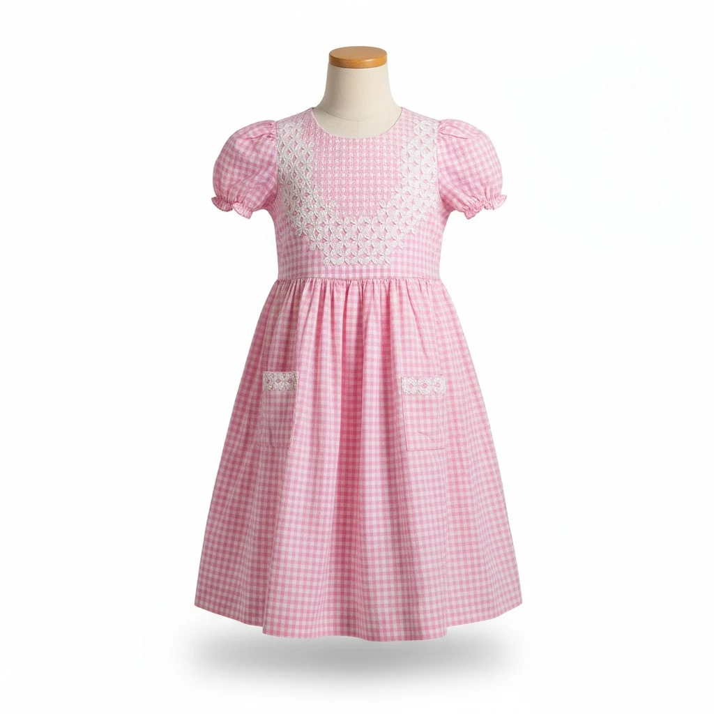 Handmade pink gingham smocked dress displayed on a mannequin with white background – Crafts Asia